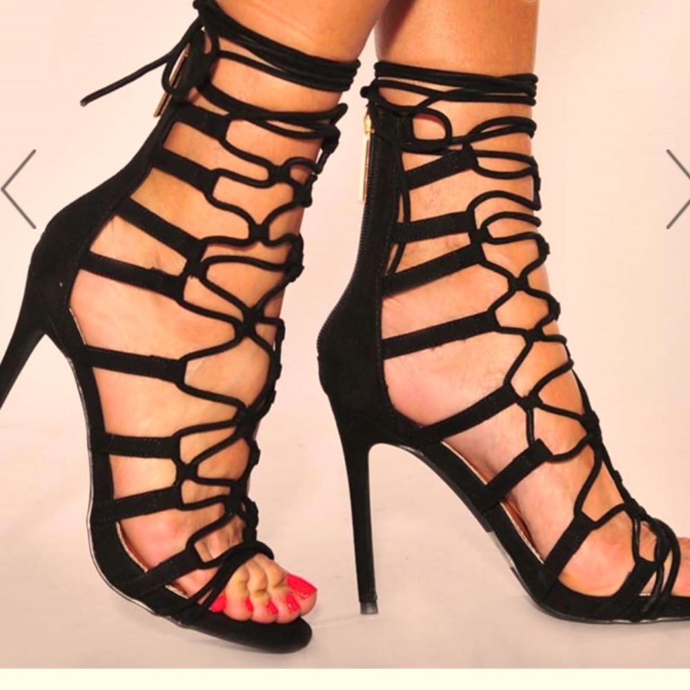 Black Faux Suede Crisscross Lace Up High Heels